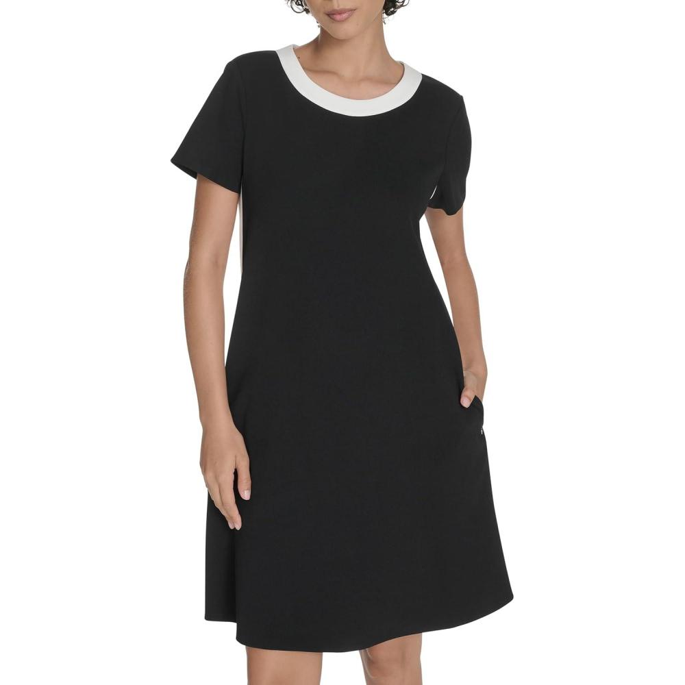 imageTommy Hilfiger Womens Short Sleeve Scuba Crepe Shift DressBlackIvory