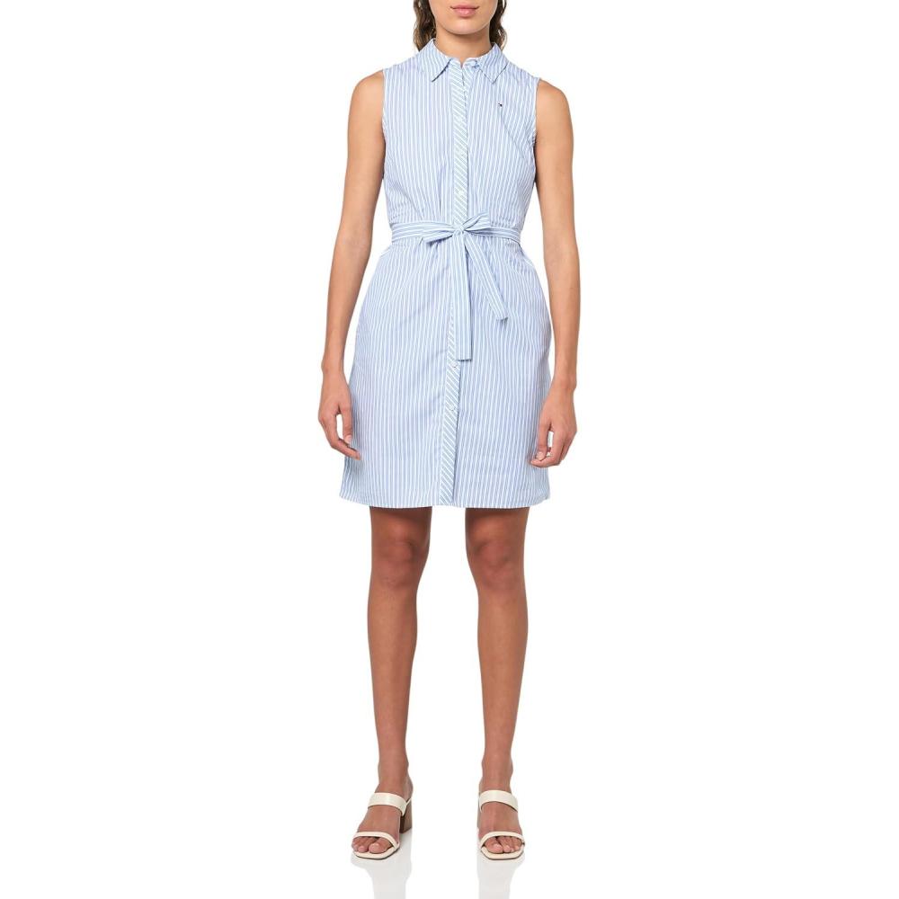 imageTommy Hilfiger Womens Sleeveless Collared Button Front Tie Waist Mini Shirt DressBright WhiteFrench Blue