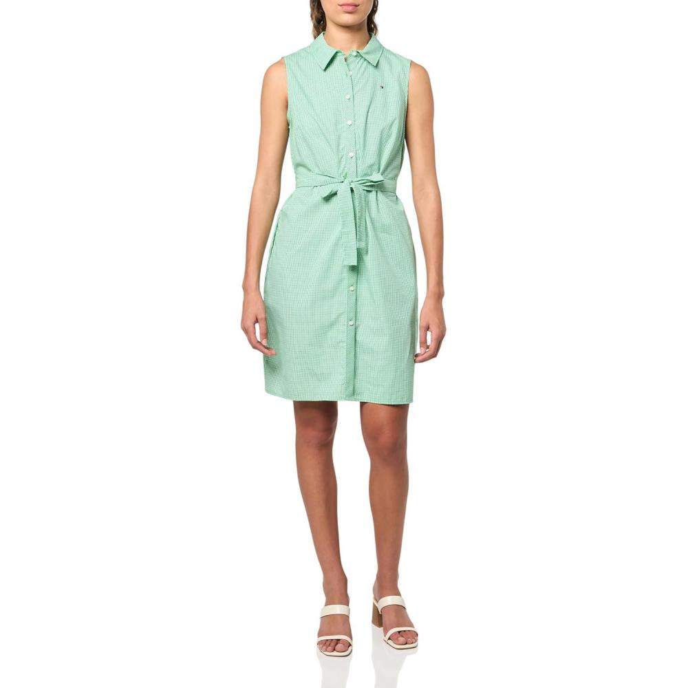imageTommy Hilfiger Womens Sleeveless Collared Button Front Tie Waist Mini Shirt DressGreenBright White