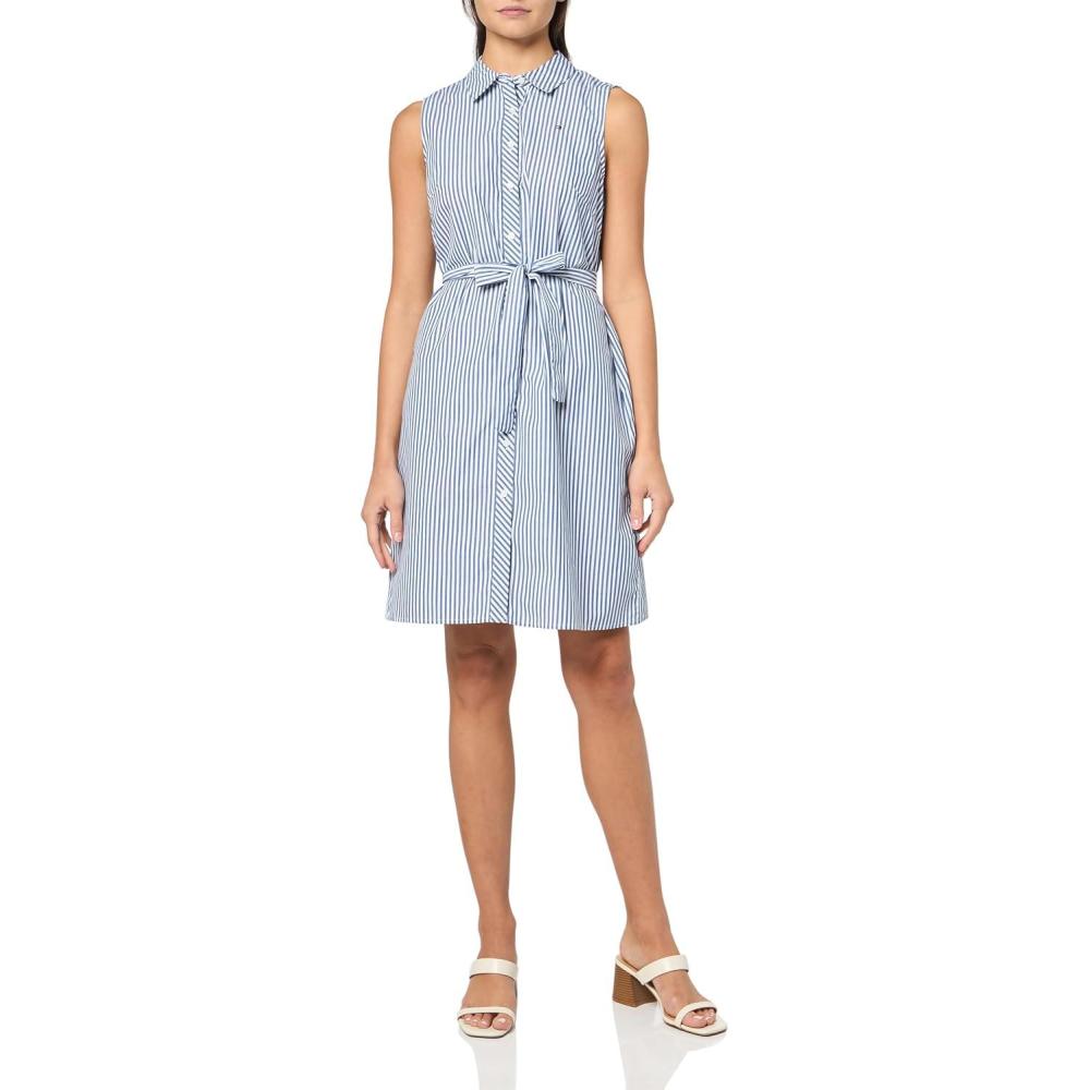 imageTommy Hilfiger Womens Sleeveless Collared Button Front Tie Waist Mini Shirt DressMarina BlueBright White