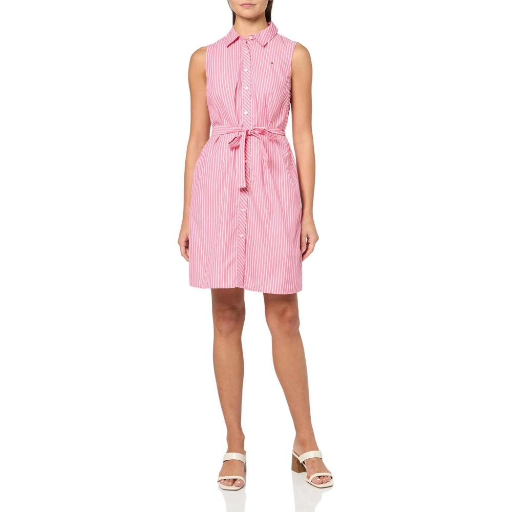 imageTommy Hilfiger Womens Sleeveless Collared Button Front Tie Waist Mini Shirt DressPinkBright White