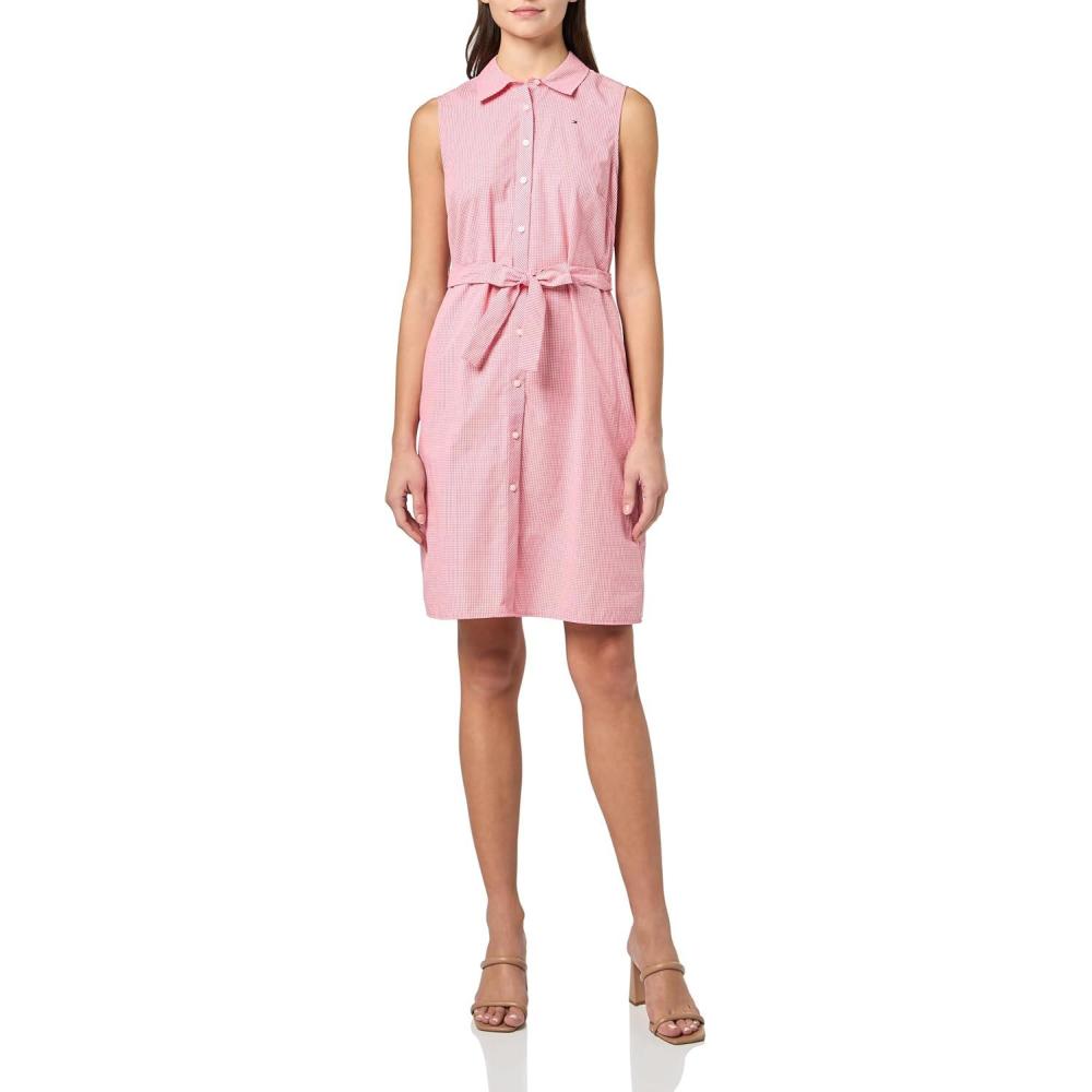 imageTommy Hilfiger Womens Sleeveless Collared Button Front Tie Waist Mini Shirt DressRosetteBright White
