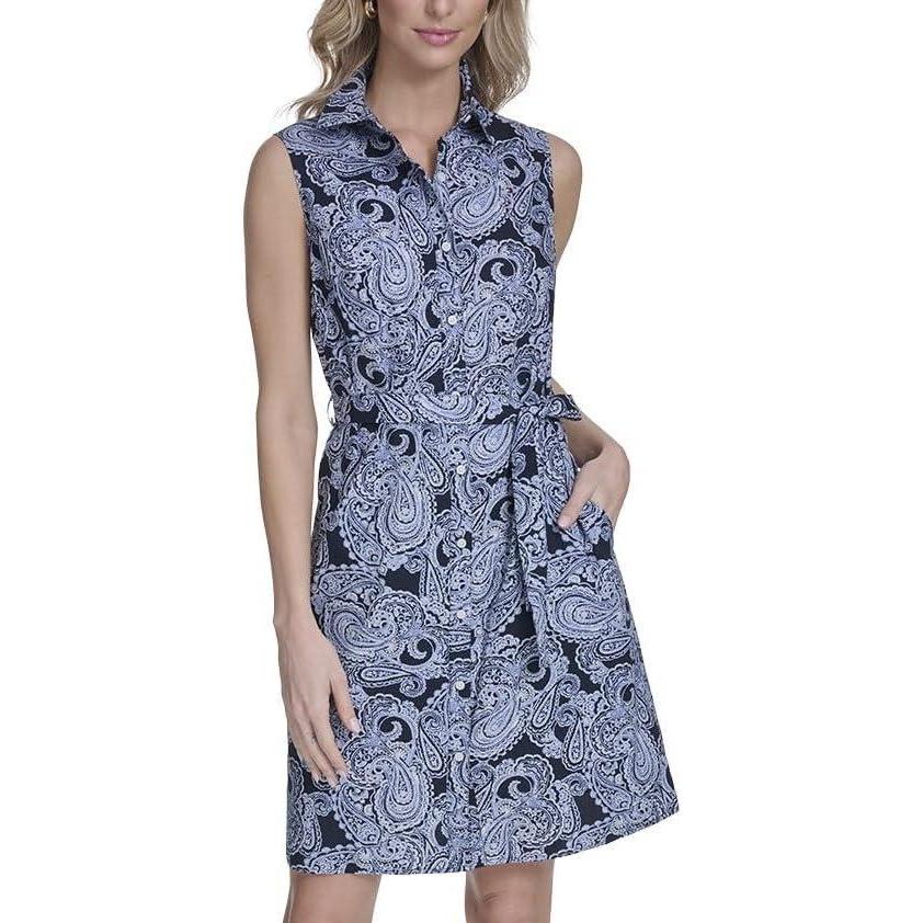 imageTommy Hilfiger Womens Sleeveless Collared Button Front Tie Waist Mini Shirt DressSky Captain French Blue