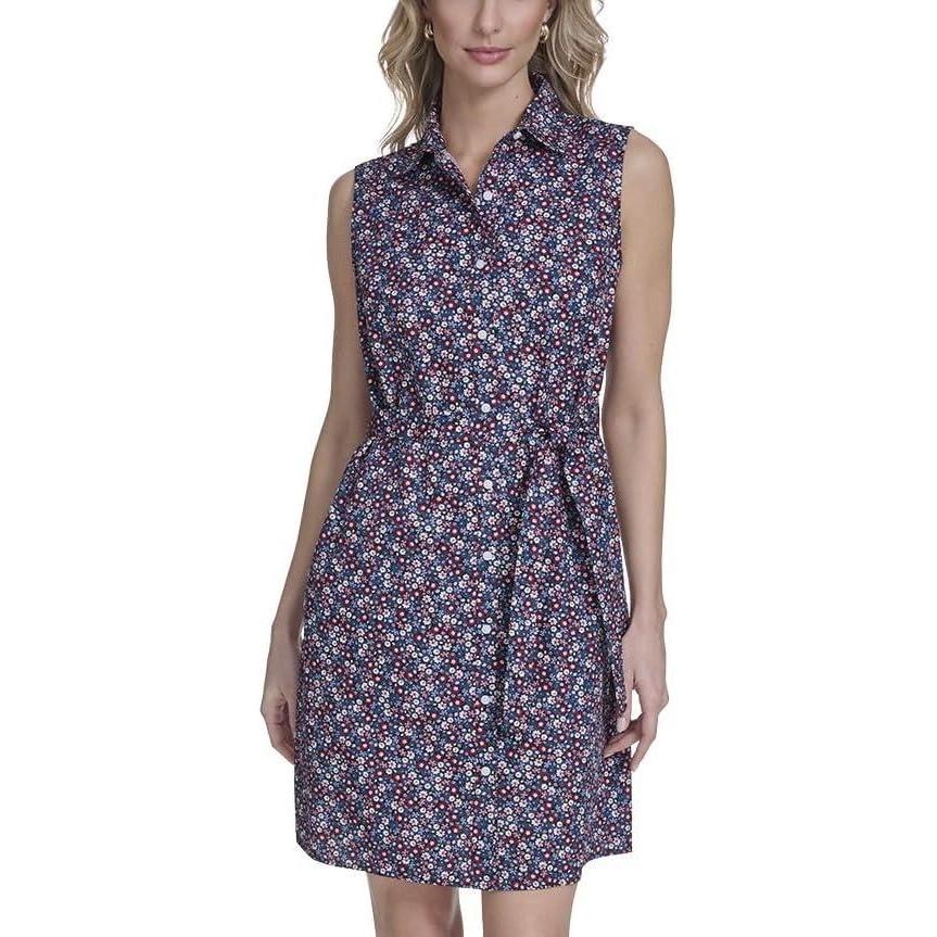 imageTommy Hilfiger Womens Sleeveless Collared Button Front Tie Waist Mini Shirt DressSky Captain Multi