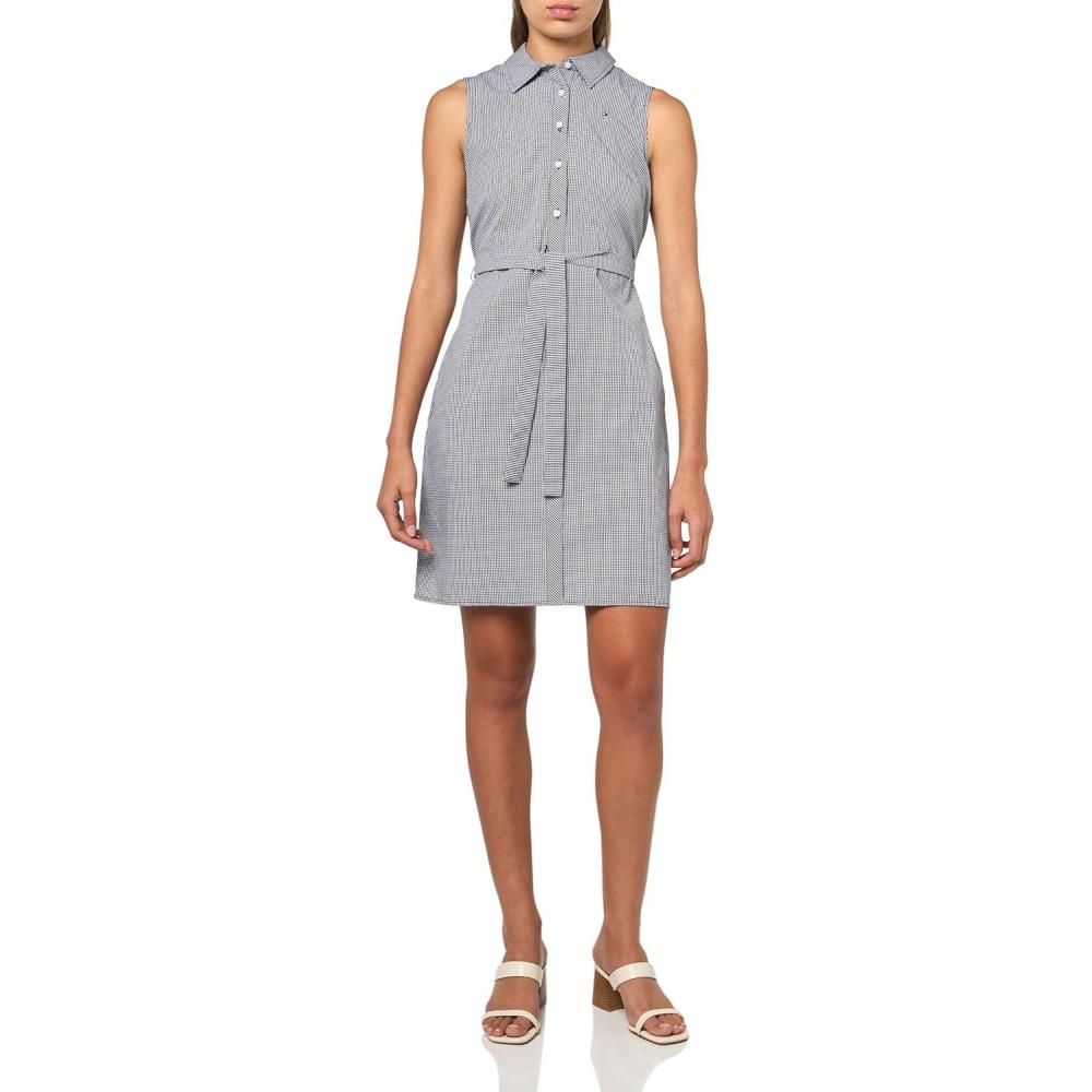 imageTommy Hilfiger Womens Sleeveless Collared Button Front Tie Waist Mini Shirt DressSky CaptainBright White