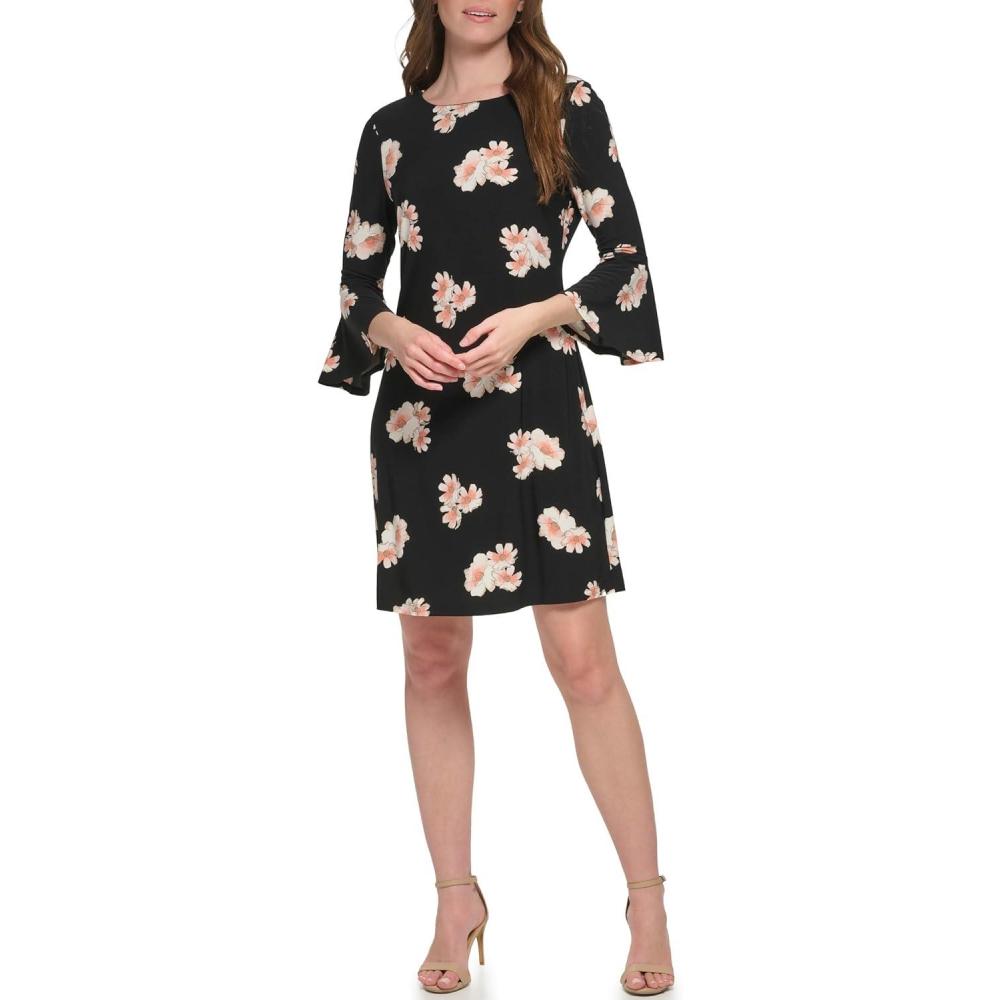 imageTommy Hilfiger Womens Sleeveless Crew Neck Floral Print Jersey Shift DressBlackPink Coral
