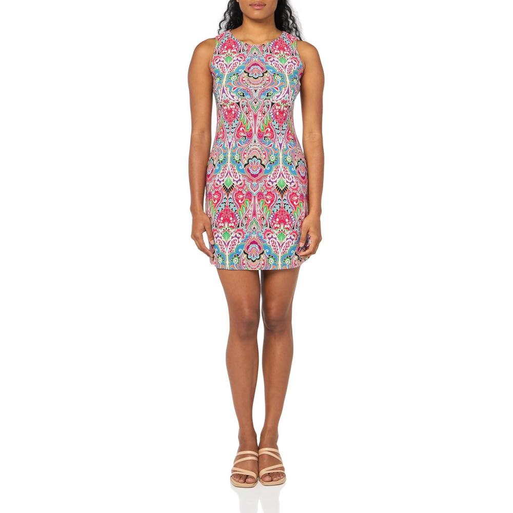 imageTommy Hilfiger Womens Sleeveless Crew Neck Floral Print Jersey Shift DressDragonfruit Multi