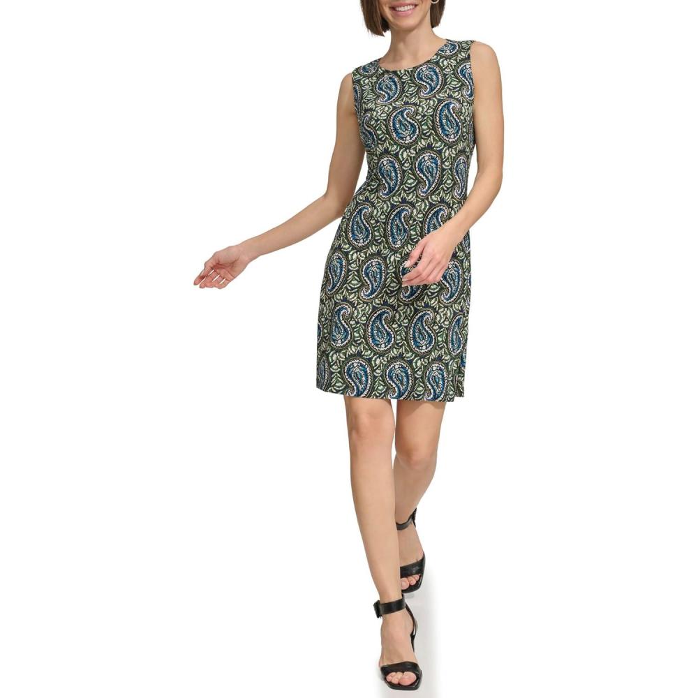 imageTommy Hilfiger Womens Sleeveless Crew Neck Floral Print Jersey Shift DressSky CaptainMykonos