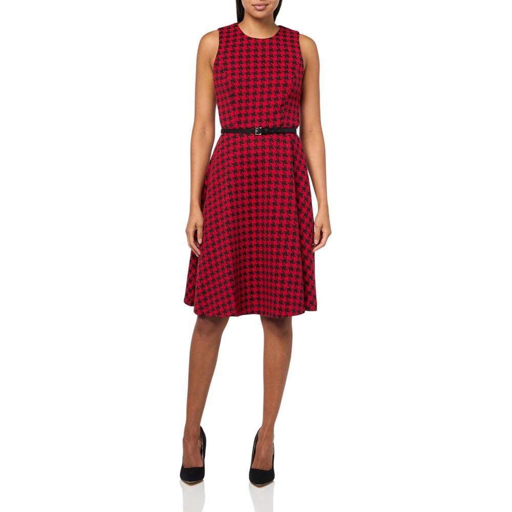 imageTommy Hilfiger Womens Sleeveless Crew Neck Pinwheel Knit Belted Fit and Flare DressBlackScarlet