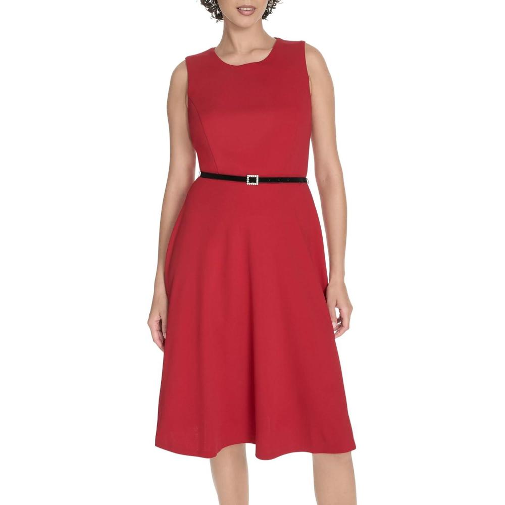 imageTommy Hilfiger Womens Sleeveless Crew Neck Pinwheel Knit Belted Fit and Flare DressDeep Scarlet