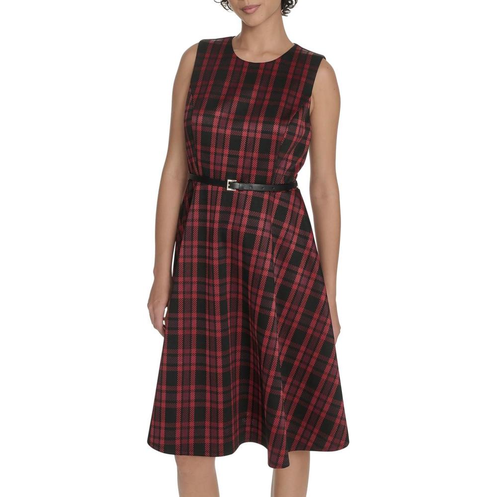 imageTommy Hilfiger Womens Sleeveless Crew Neck Pinwheel Knit Belted Fit and Flare DressScarlet Multi