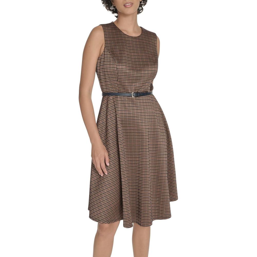 imageTommy Hilfiger Womens Sleeveless Crew Neck Pinwheel Knit Belted Fit and Flare DressSky Captain Multi