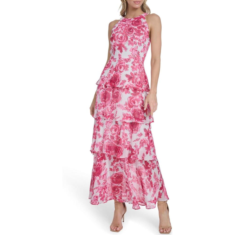 imageTommy Hilfiger Womens Sleeveless Floral Halter Neck Tiered Skirt Maxi DressAzalea Multi
