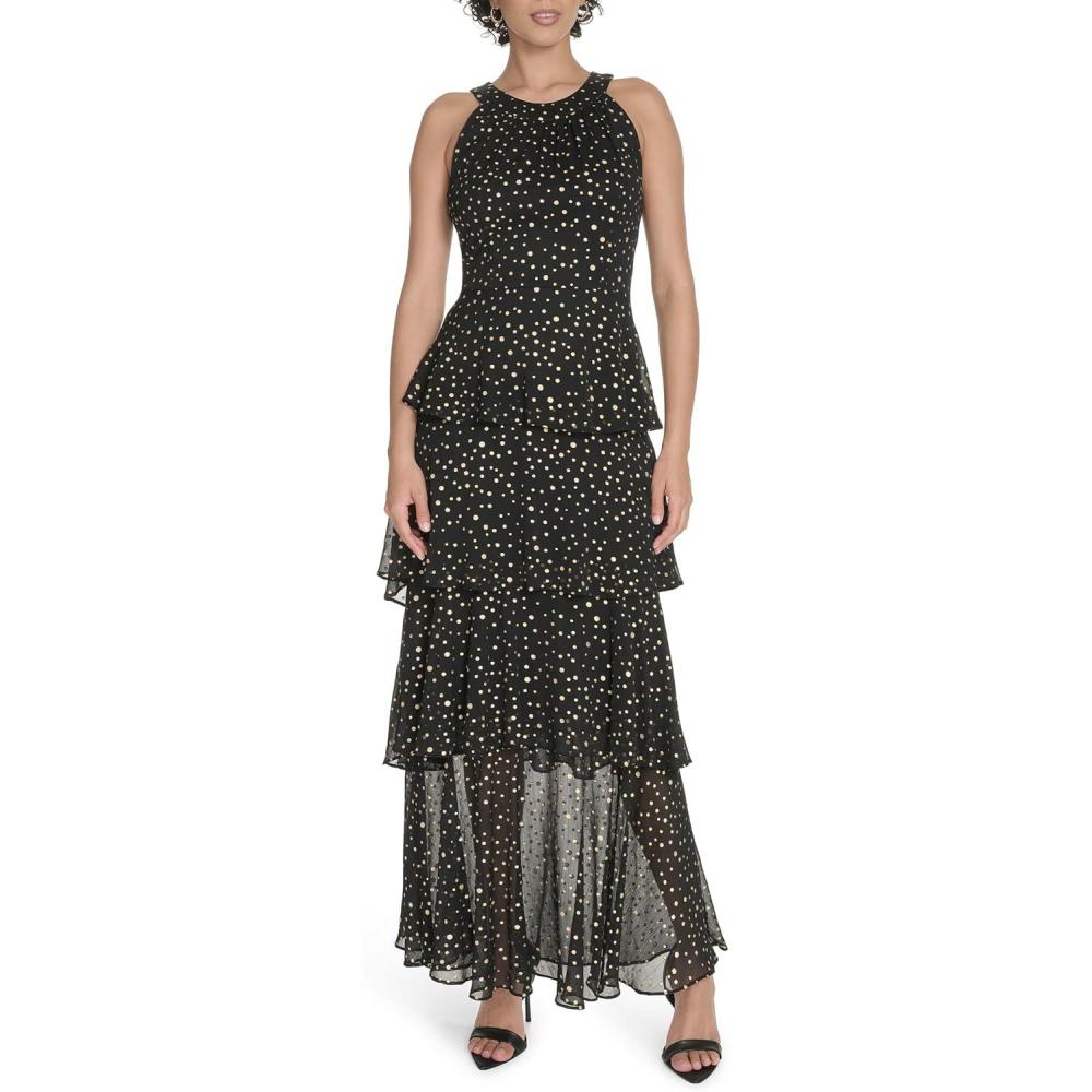 imageTommy Hilfiger Womens Sleeveless Floral Halter Neck Tiered Skirt Maxi DressBlackGold