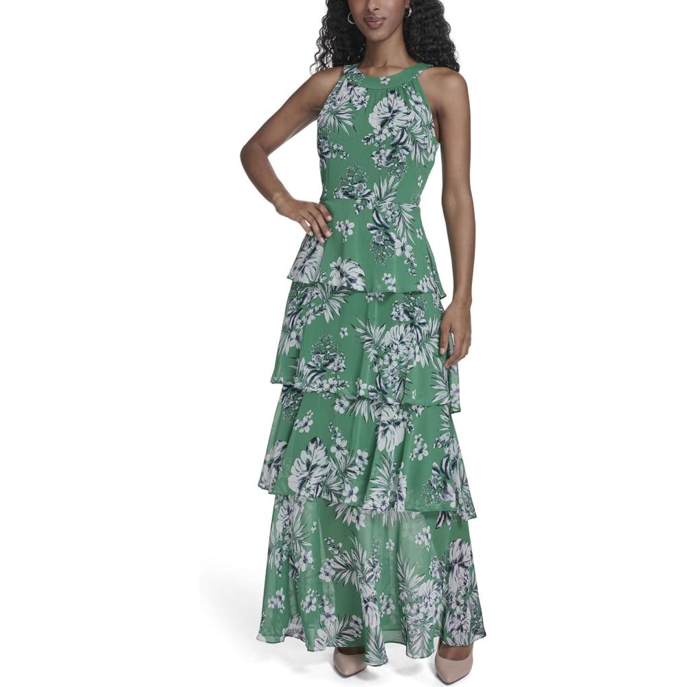 imageTommy Hilfiger Womens Sleeveless Floral Halter Neck Tiered Skirt Maxi DressJolly Green Multi