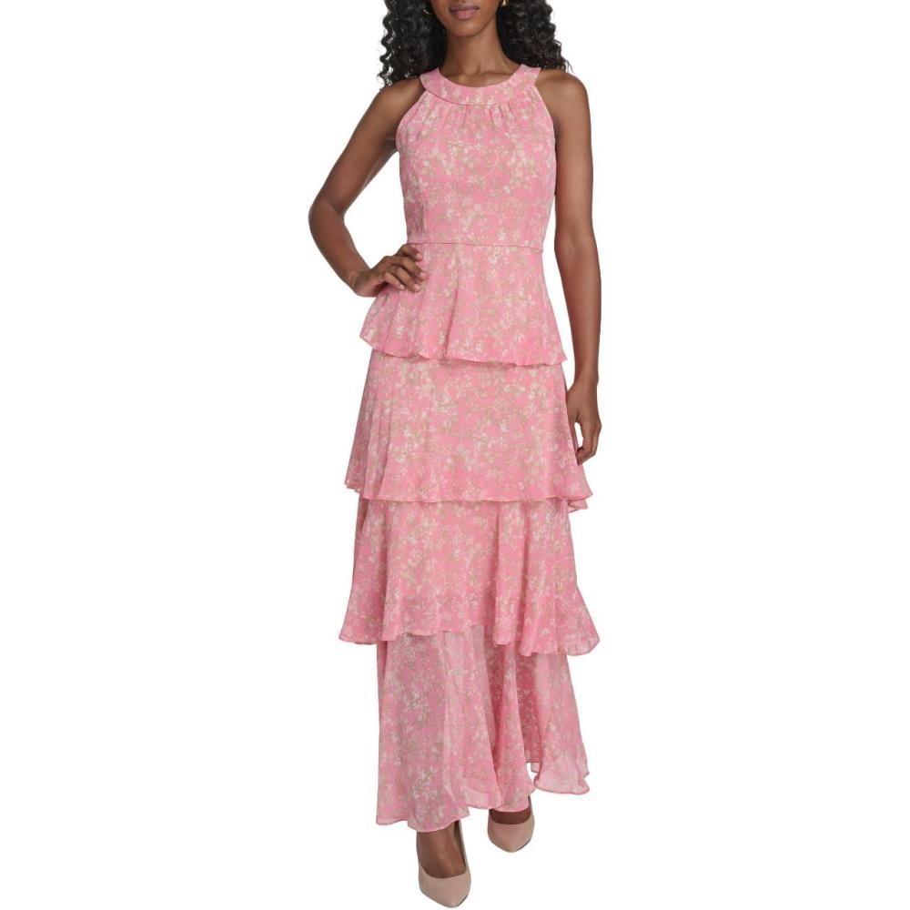 imageTommy Hilfiger Womens Sleeveless Floral Halter Neck Tiered Skirt Maxi DressPeony Combo