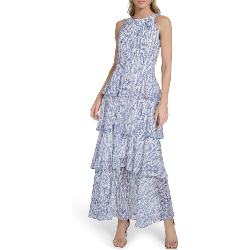 imageTommy Hilfiger Womens Sleeveless Floral Halter Neck Tiered Skirt Maxi DressProvence Blue Combo