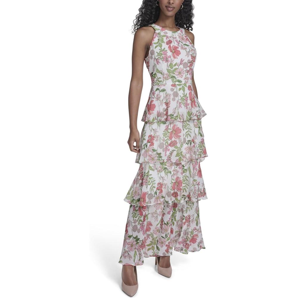 imageTommy Hilfiger Womens Sleeveless Floral Halter Neck Tiered Skirt Maxi DressSherbet Multi