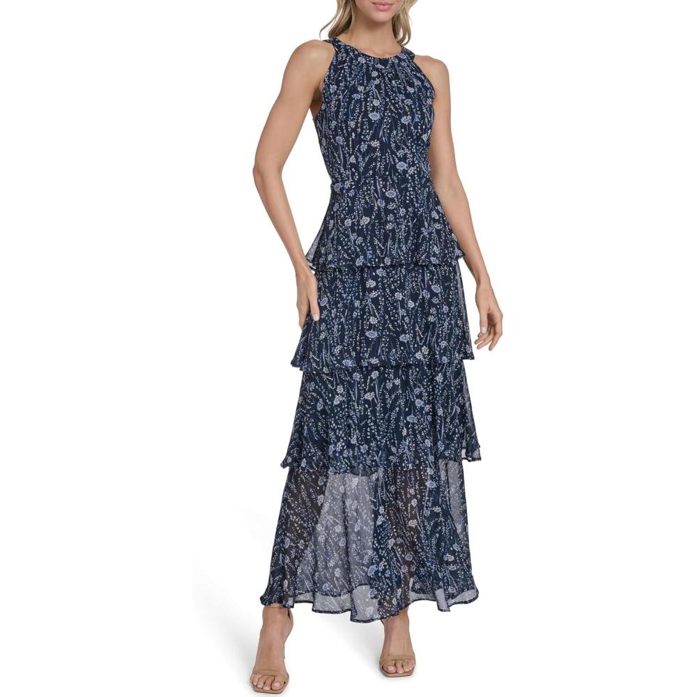imageTommy Hilfiger Womens Sleeveless Floral Halter Neck Tiered Skirt Maxi DressSky Captain Combo