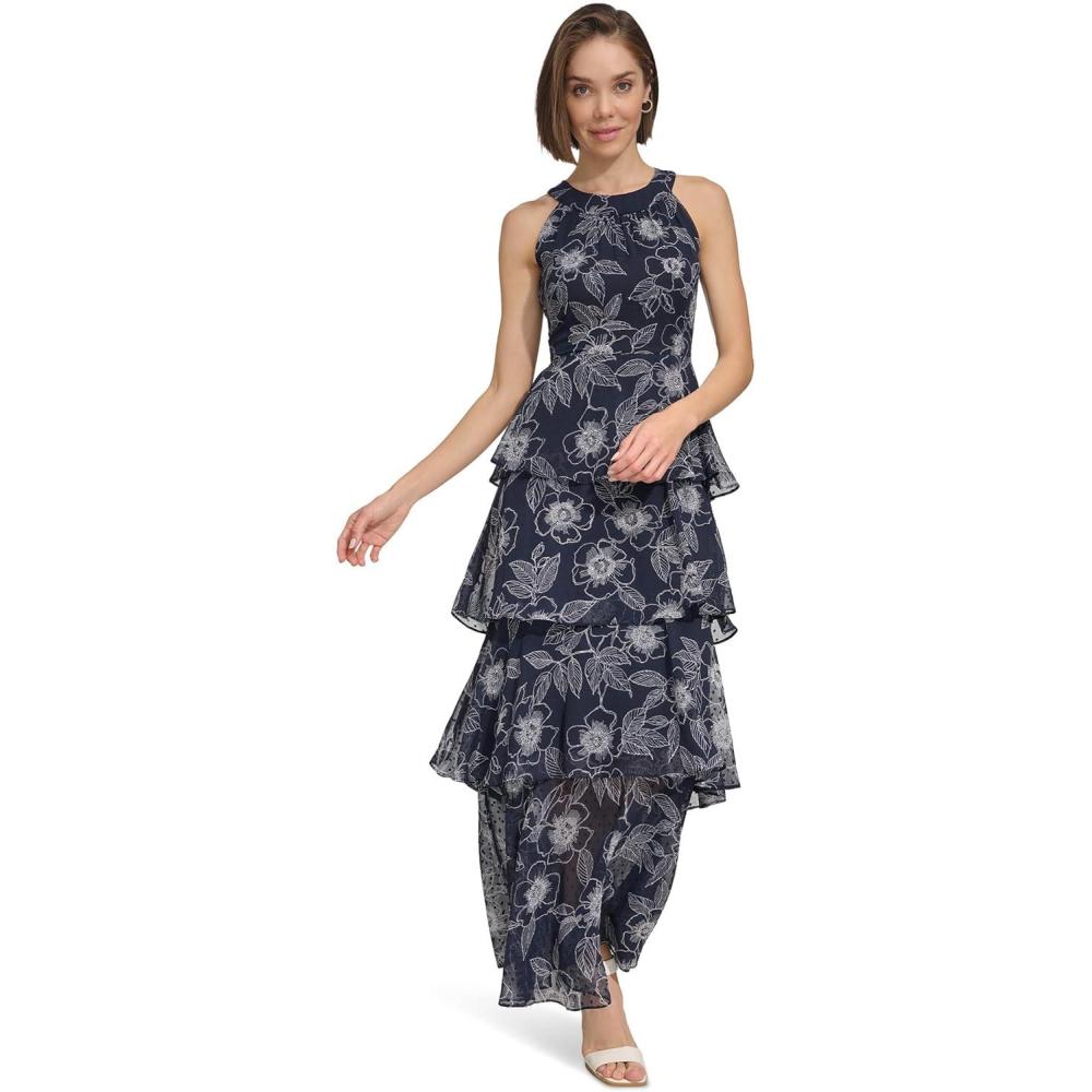 imageTommy Hilfiger Womens Sleeveless Floral Halter Neck Tiered Skirt Maxi DressSky CaptainIvory