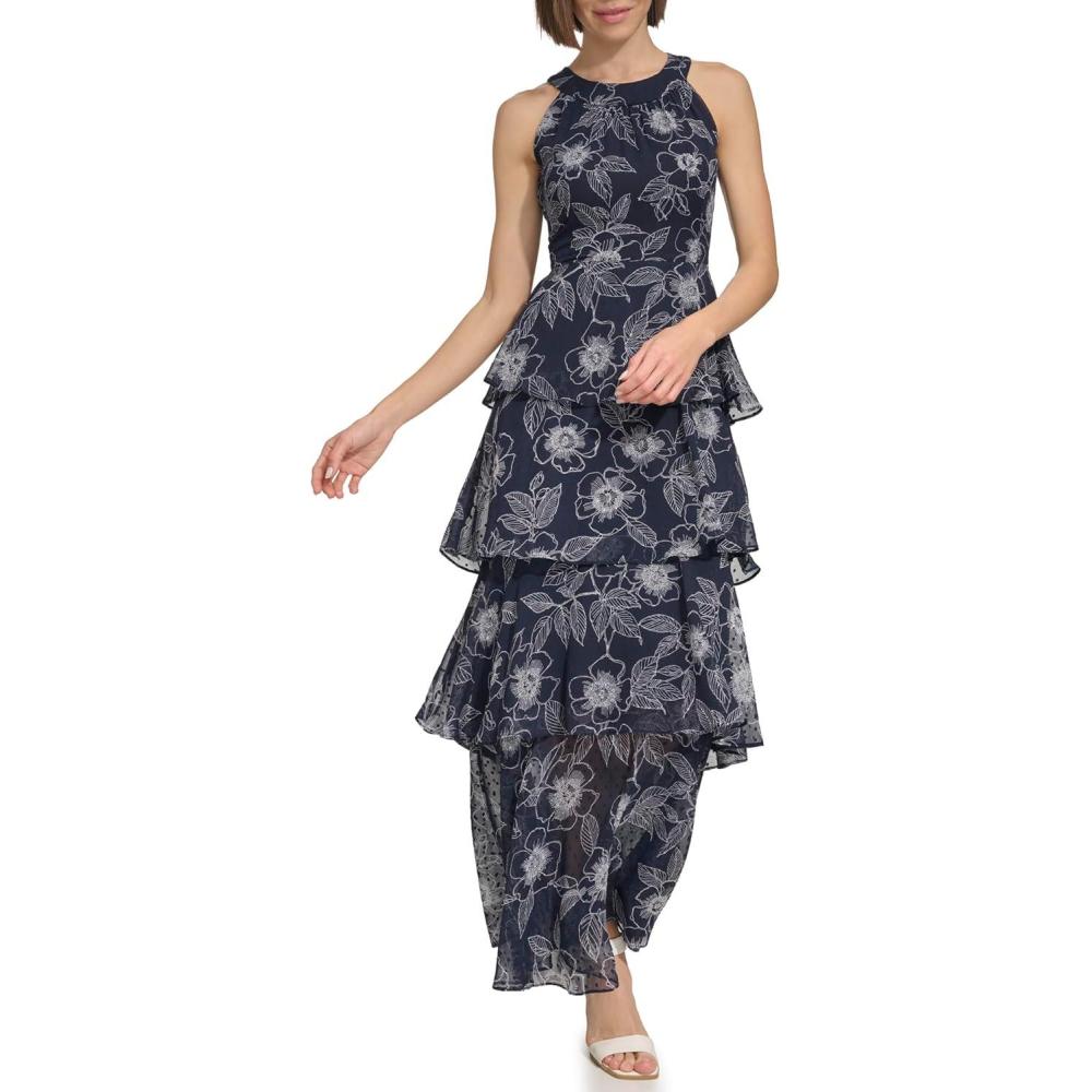 imageTommy Hilfiger Womens Sleeveless Floral Halter Neck Tiered Skirt Maxi DressSky CaptainIvory White