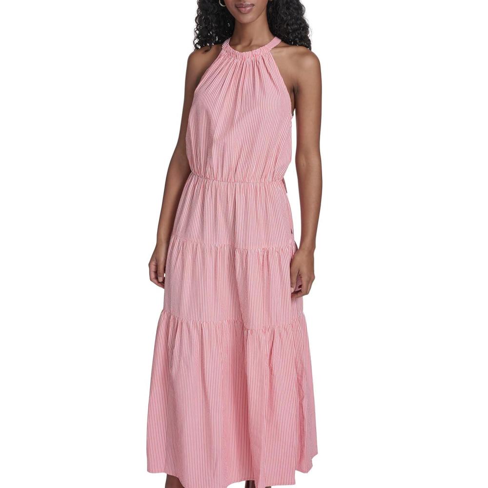 imageTommy Hilfiger Womens Sleeveless Halter Neck Seersucker Tiered Skirt Maxi DressBloom  Bright White