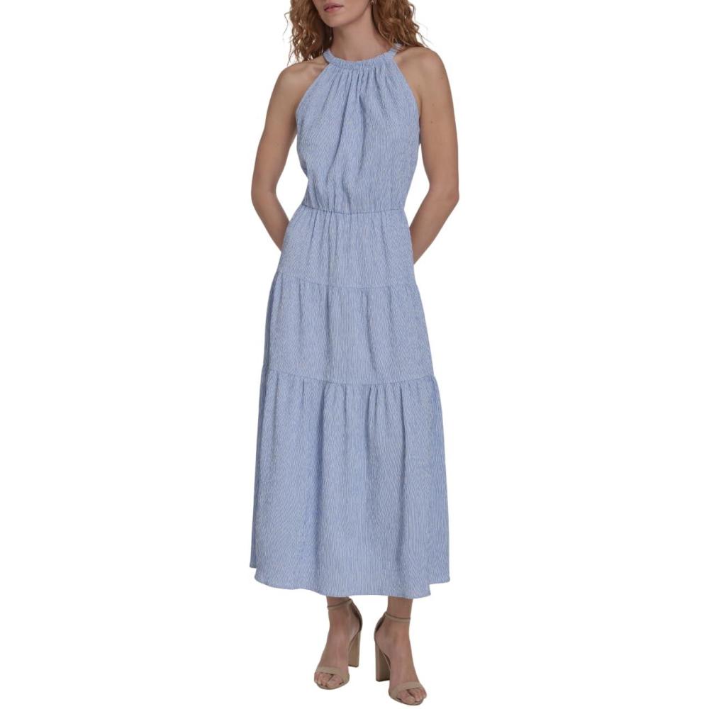 imageTommy Hilfiger Womens Sleeveless Halter Neck Seersucker Tiered Skirt Maxi DressFrench Blue  Bright White