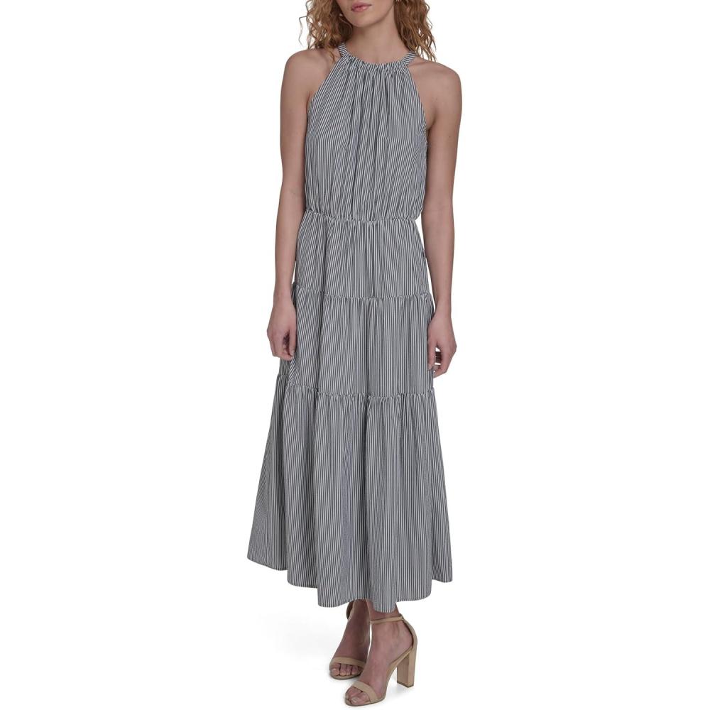 imageTommy Hilfiger Womens Sleeveless Halter Neck Seersucker Tiered Skirt Maxi DressSky Captain Bright White