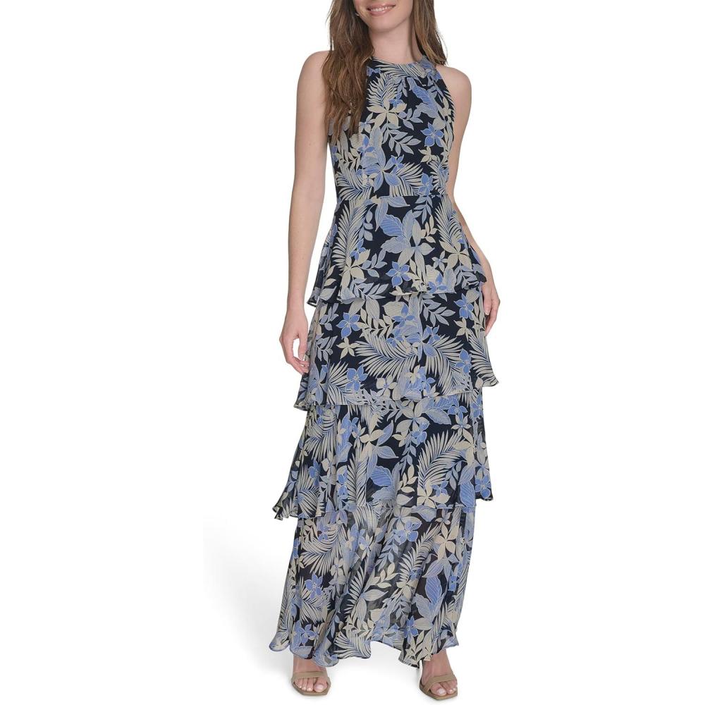 imageTommy Hilfiger Womens Sleeveless Halter Neck Tiered Skirt Maxi DressFrench Blue Multi