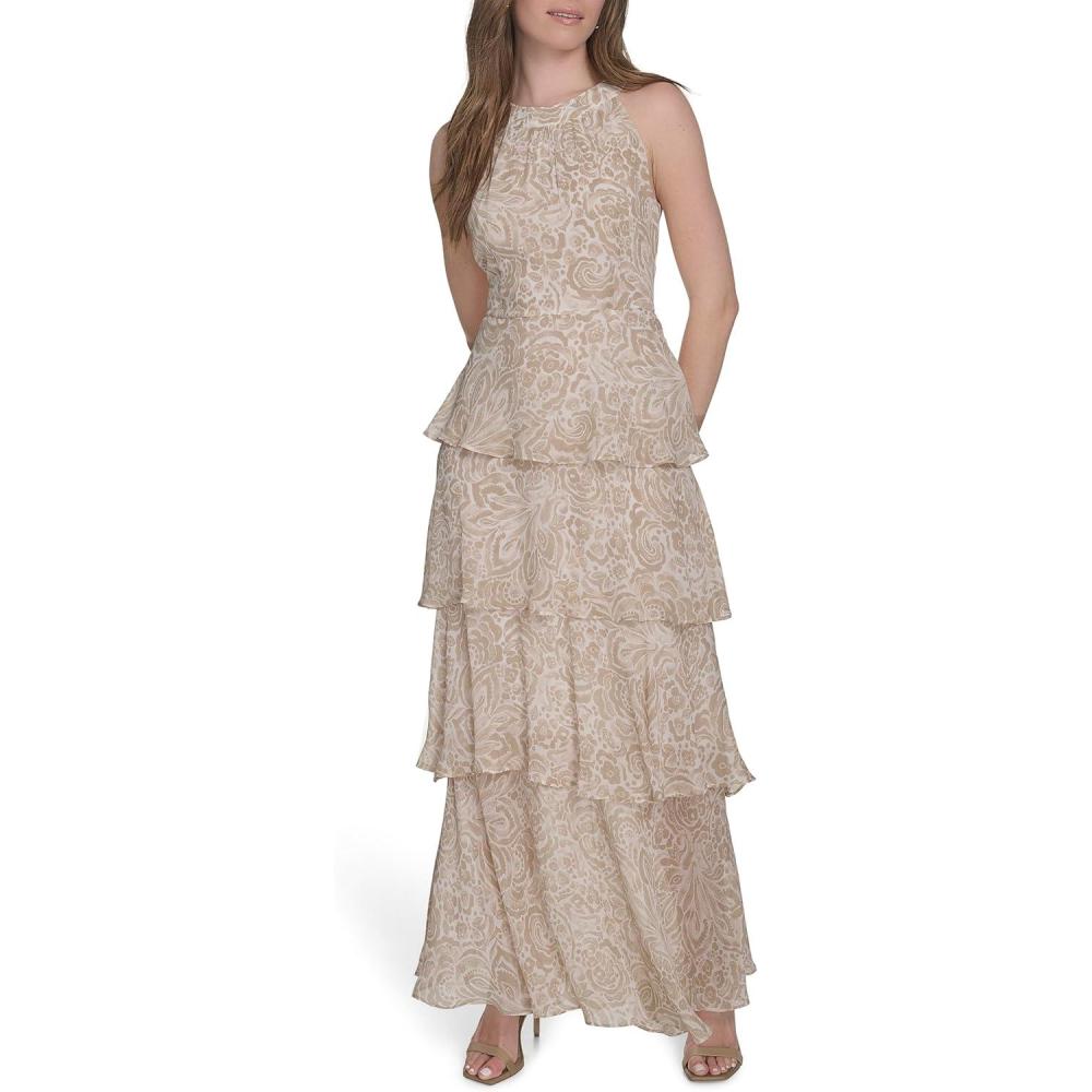 imageTommy Hilfiger Womens Sleeveless Halter Neck Tiered Skirt Maxi DressKhaki Multi