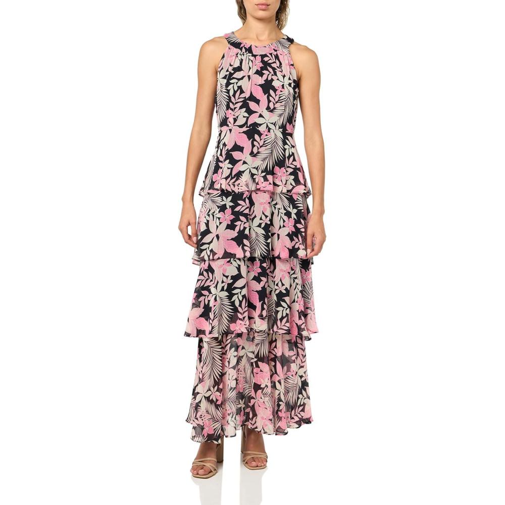 imageTommy Hilfiger Womens Sleeveless Halter Neck Tiered Skirt Maxi DressPeony Multi
