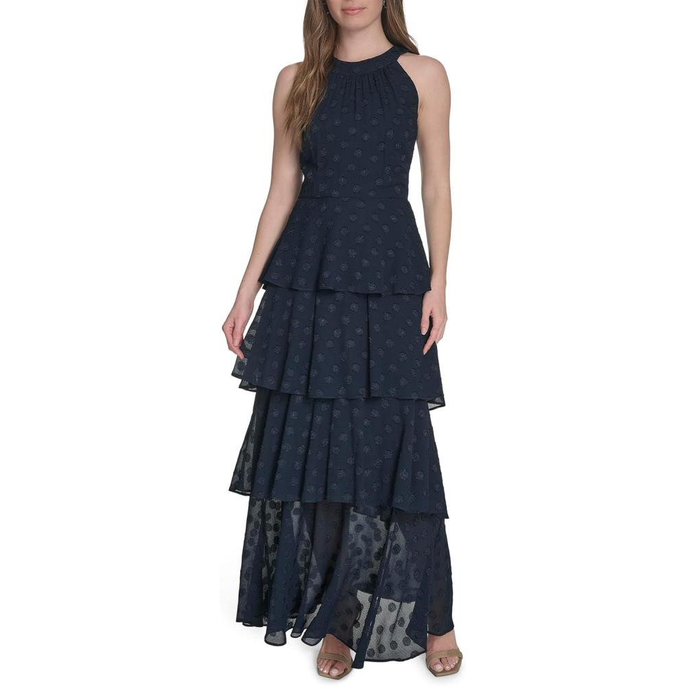 imageTommy Hilfiger Womens Sleeveless Halter Neck Tiered Skirt Maxi DressSky Captain