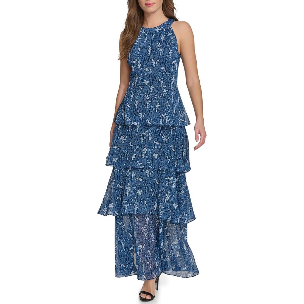 imageTommy Hilfiger Womens Sleeveless Halter Neck Tiered Skirt Maxi DressSky CaptainBlue