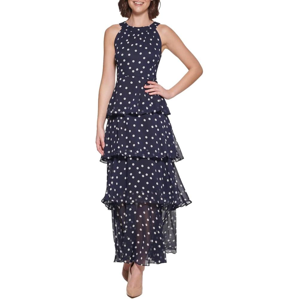 imageTommy Hilfiger Womens Sleeveless Halter Neck Tiered Skirt Maxi DressSky CaptainIvory