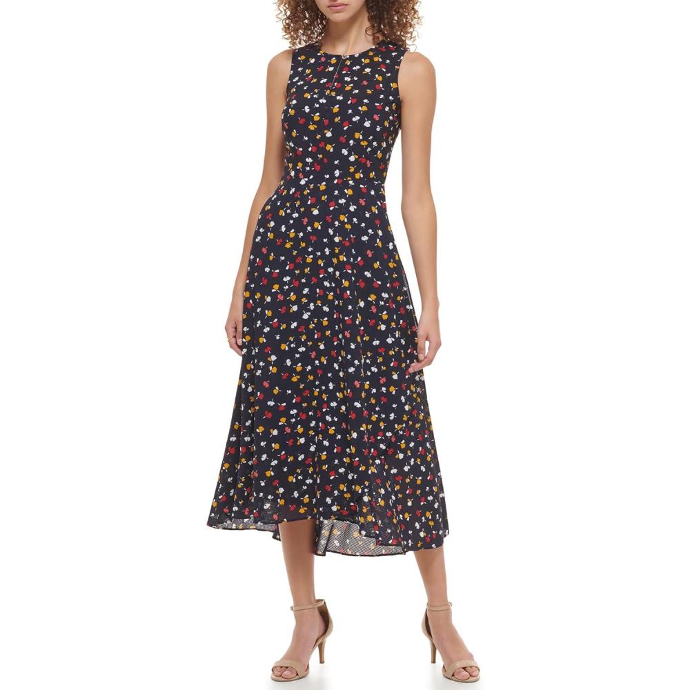 imageTommy Hilfiger Womens Sleeveless High Neck Chiffon Hi Lo Midi DressMidnight Multi