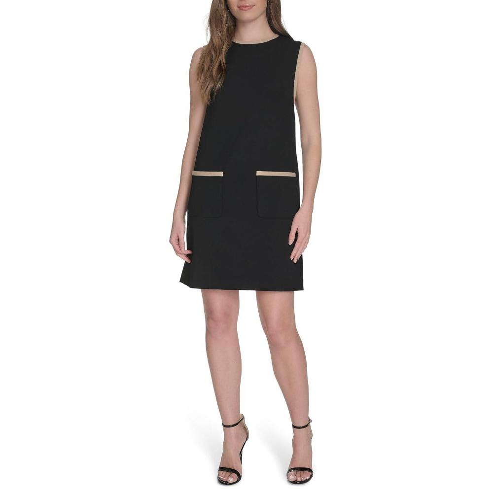 imageTommy Hilfiger Womens Sleeveless Jewel Neck Colorblock Pocket Mini Shift DressBlack Sand