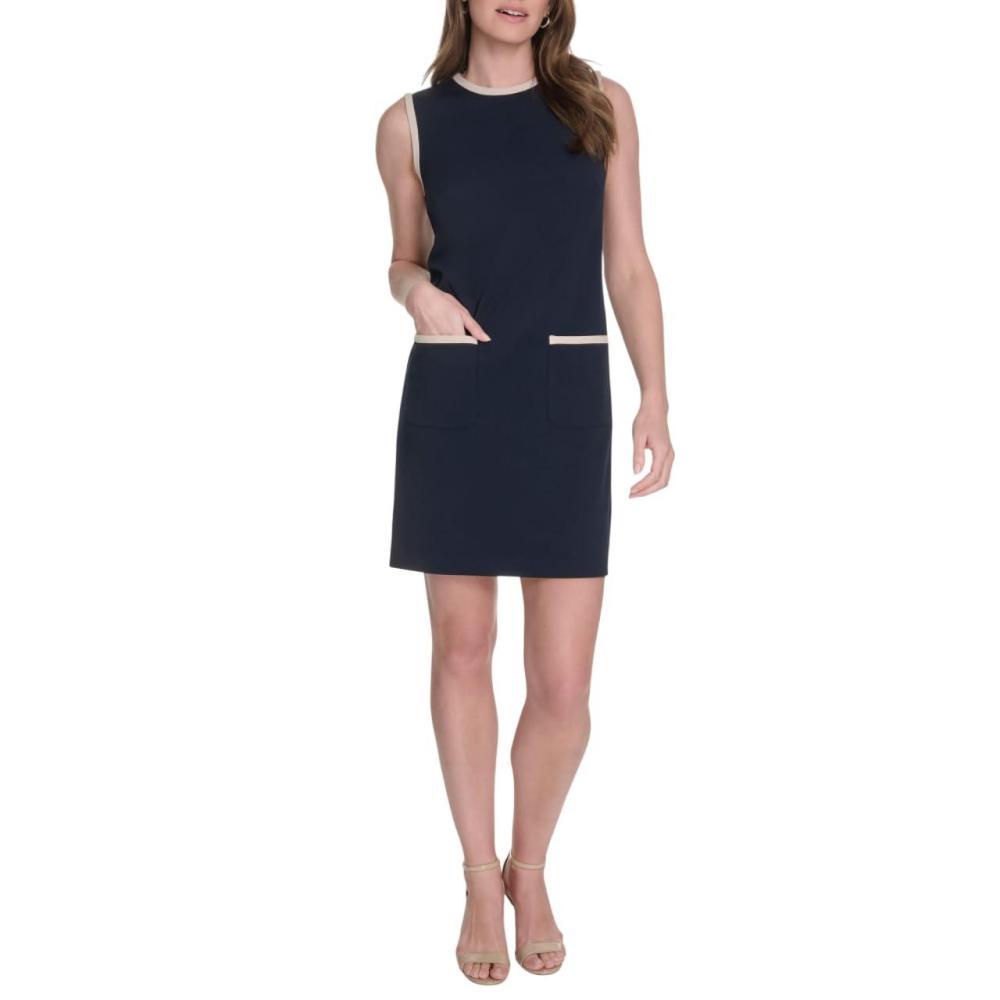 imageTommy Hilfiger Womens Sleeveless Jewel Neck Colorblock Pocket Mini Shift DressSky Captain Khaki
