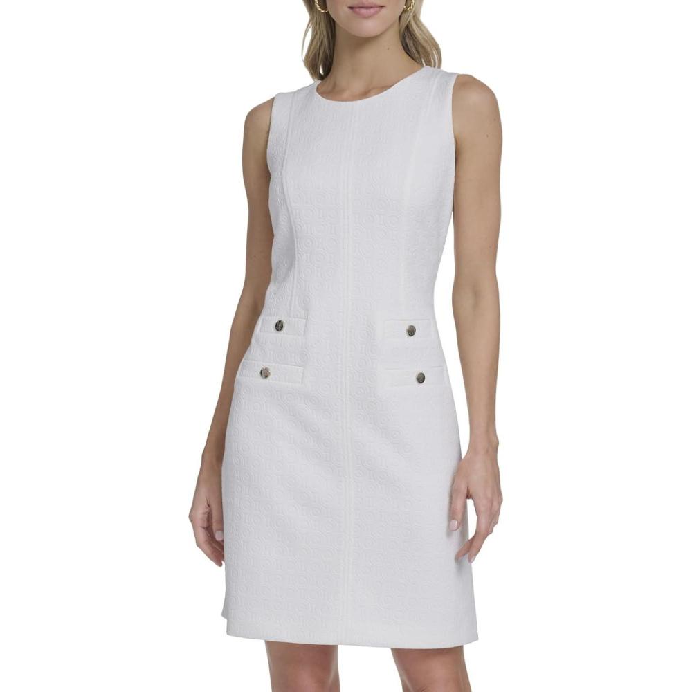imageTommy Hilfiger Womens Sleeveless Jewel Neck Novelty Button Tweed Mini Sheath DressIvory