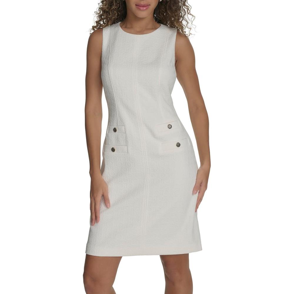 imageTommy Hilfiger Womens Sleeveless Jewel Neck Novelty Button Tweed Mini Sheath DressIvory White