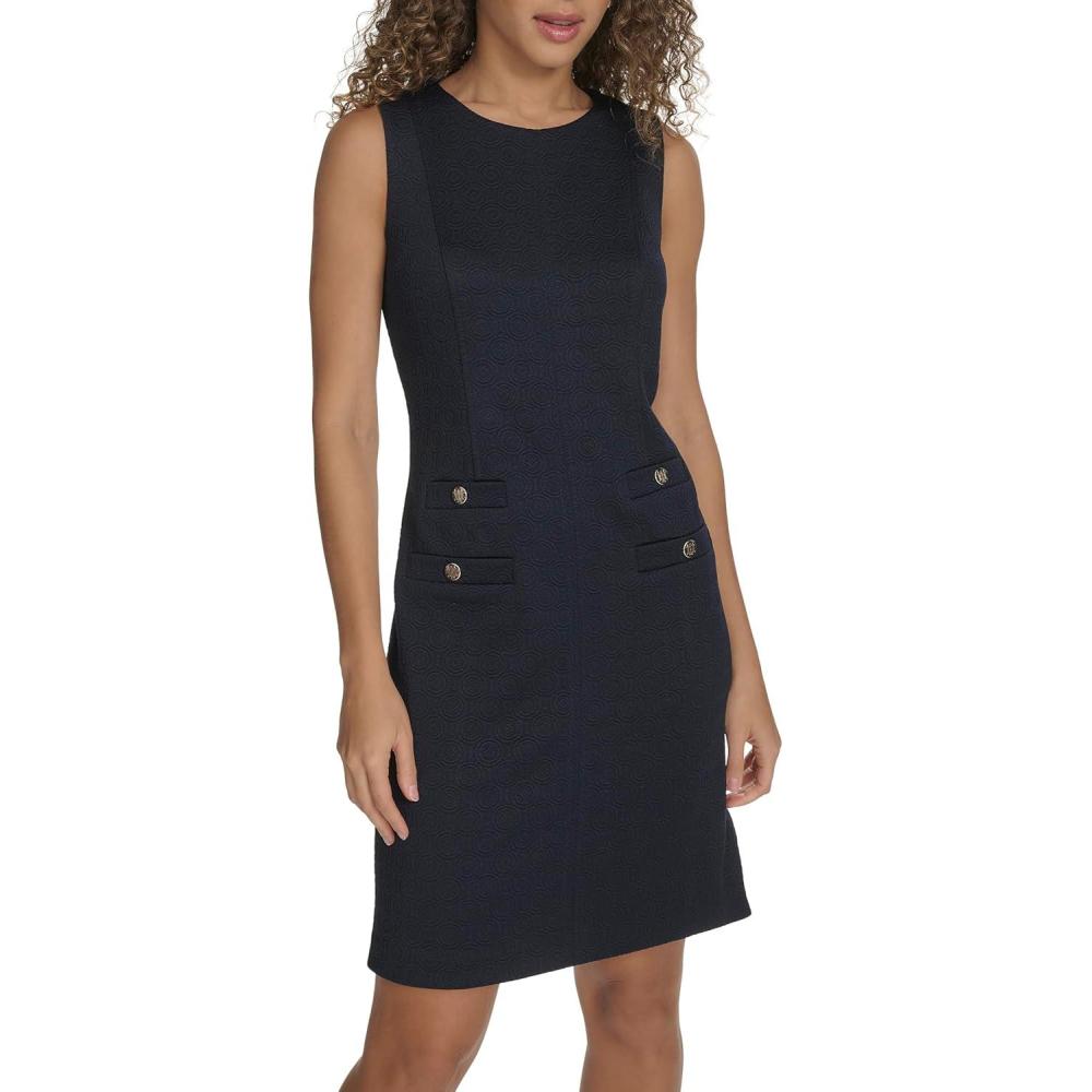 imageTommy Hilfiger Womens Sleeveless Jewel Neck Novelty Button Tweed Mini Sheath DressSky Captain Navy