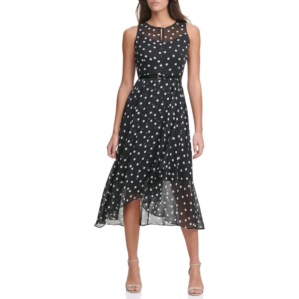 imageTommy Hilfiger Womens Sleeveless Keyhole Neck Chiffon Belted Hilo Midi DressBlackIvory 2