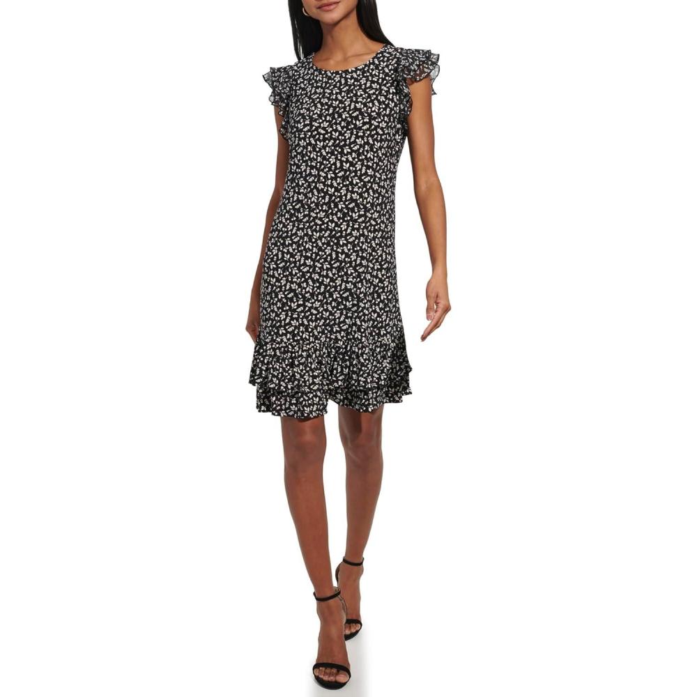 imageTommy Hilfiger Womens Sleeveless Round Neck Ruffle Trim Mini DressBlackIvory