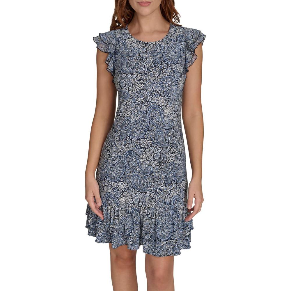 imageTommy Hilfiger Womens Sleeveless Round Neck Ruffle Trim Mini DressFrench Blue Combo