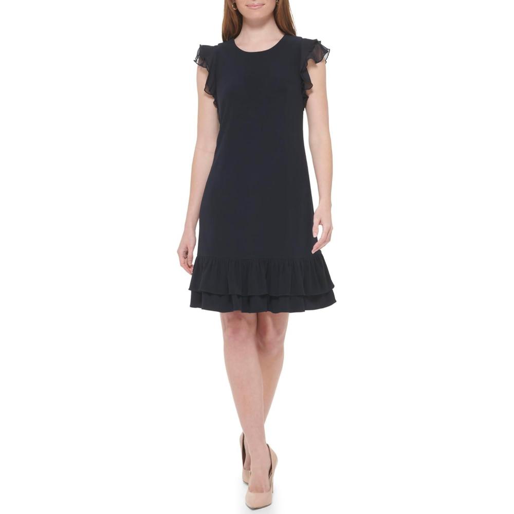 imageTommy Hilfiger Womens Sleeveless Round Neck Ruffle Trim Mini DressSky Captain