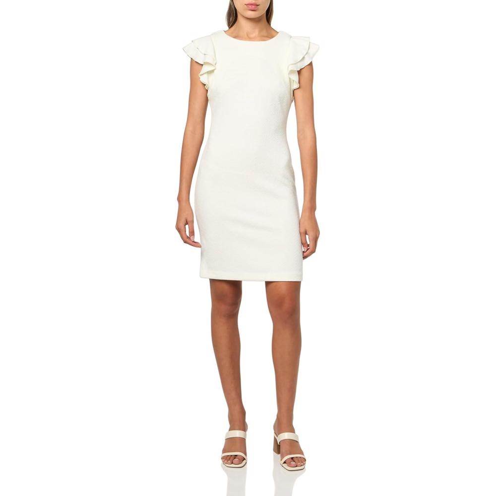 imageTommy Hilfiger Womens Sleeveless Ruffle Hem Jewel Neck Crepe Sheath Mini Dress Ivory 10