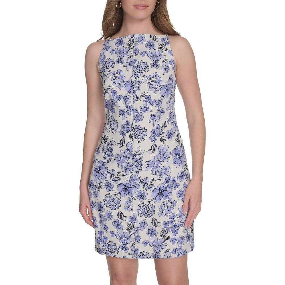 imageTommy Hilfiger Womens Sleeveless Square High Neck Shift Mini DressIvory Multi