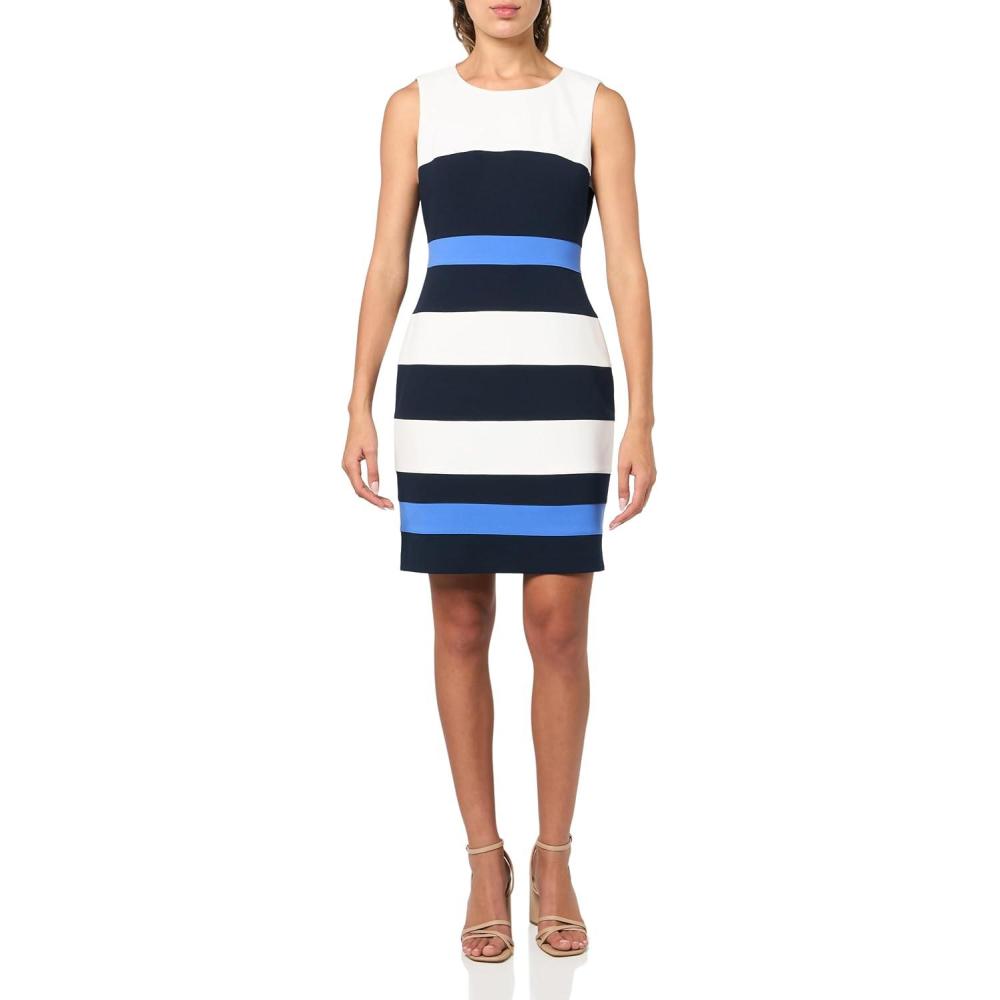 imageTommy Hilfiger Womens Sleeveless Striped Scuba Crepe Sheath Mini DressIvorySky CaptainAmparo Blue