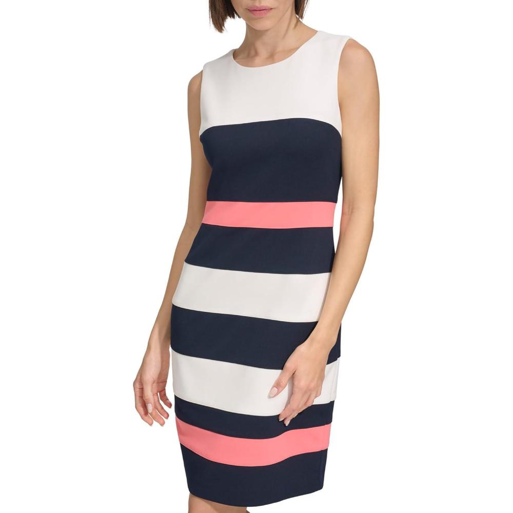 imageTommy Hilfiger Womens Sleeveless Striped Scuba Crepe Sheath Mini DressIvorySky CaptainSherbet