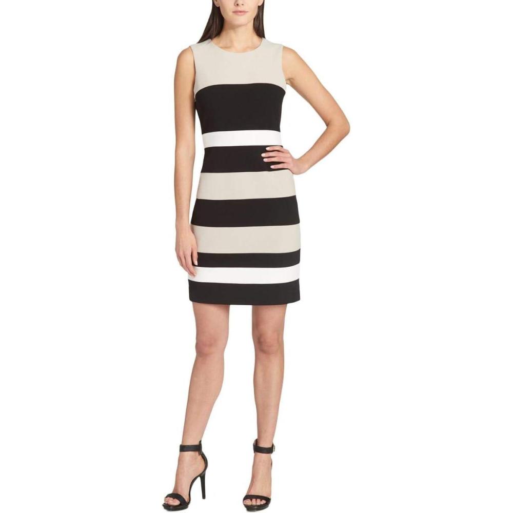 imageTommy Hilfiger Womens Sleeveless Striped Scuba Crepe Sheath Mini DressKhakiBlackIvory