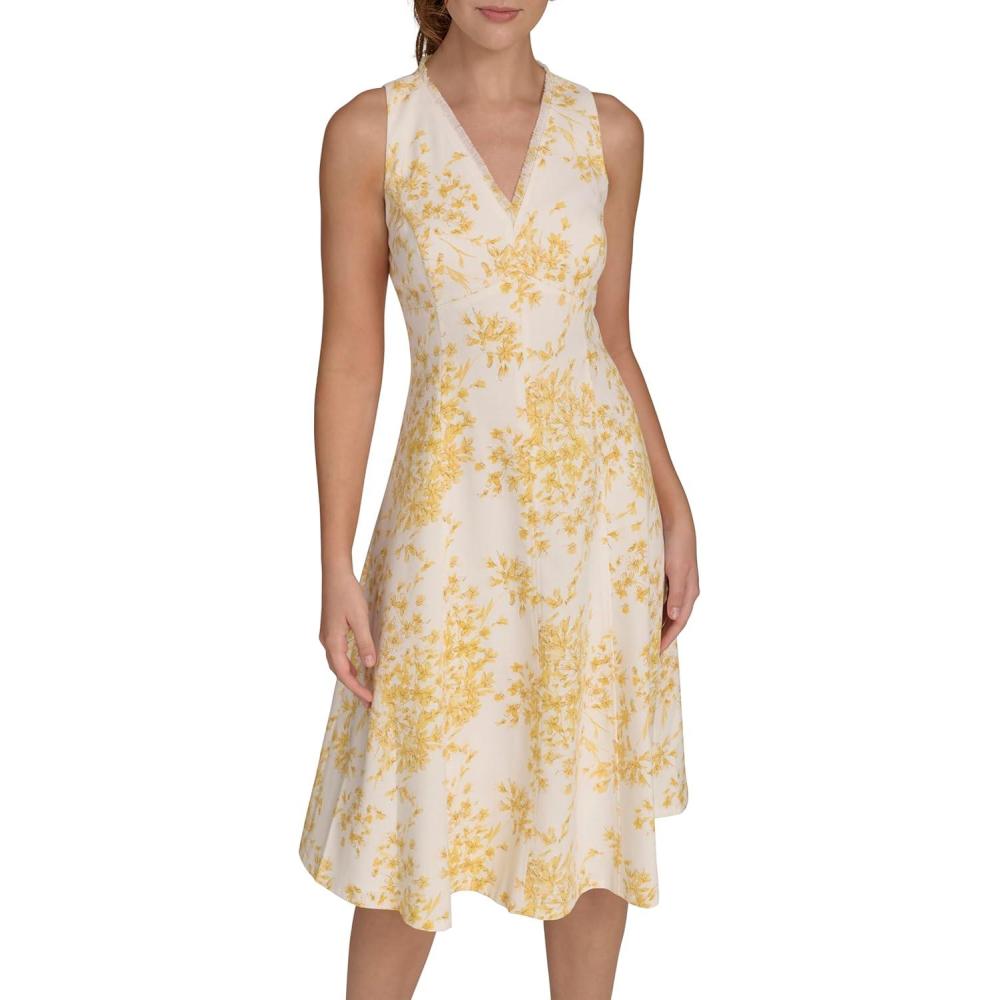 imageTommy Hilfiger Womens Sleeveless V Neck Fit and Flare DressIvory Yellow